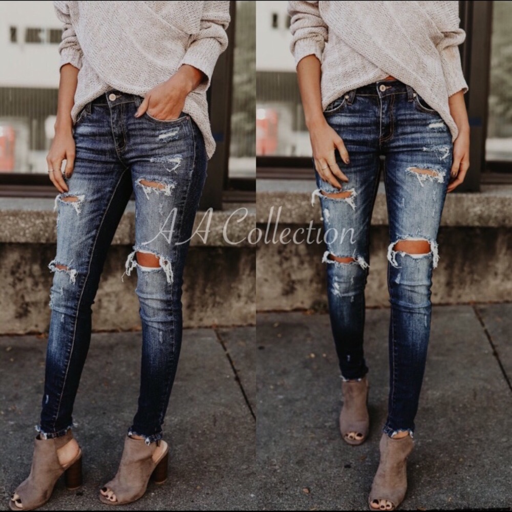 Distressed denim jeans